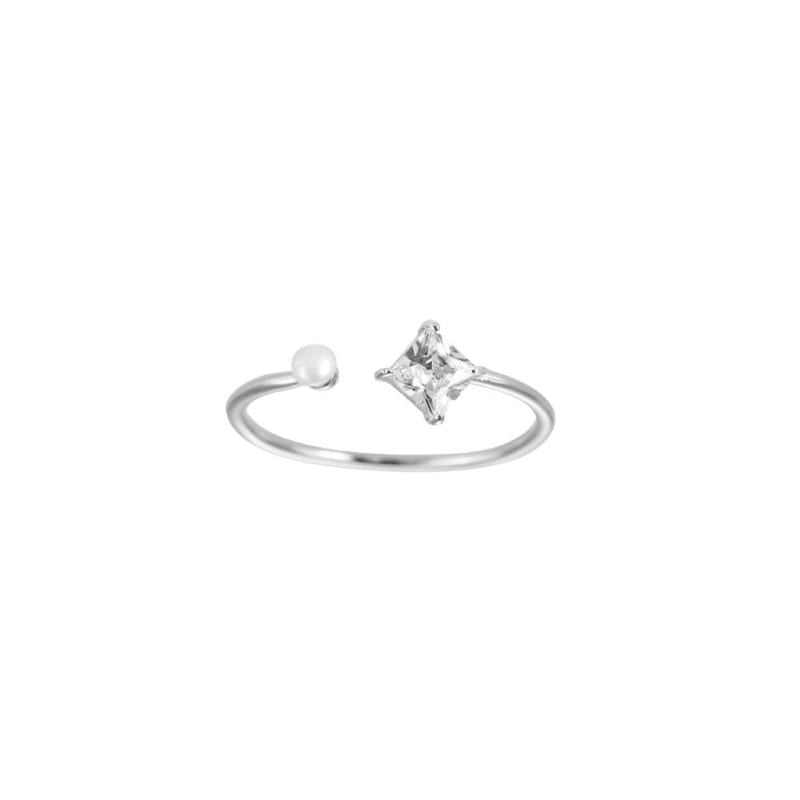 Mydefny Edelstahl Ring Cube and Pearl Mit Zirkonia Stein Perle Silber