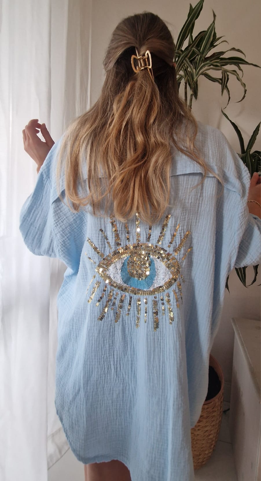 Mydefny Oversize Musselin Hemd Nazar Auge Blau